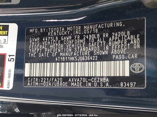 Toyota CAMRY LE 2018 4T1B11HK5JU636422 Image 9