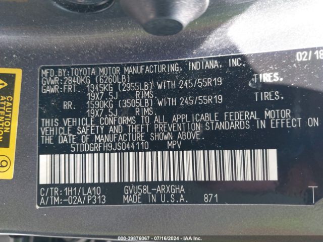 5TDDGRFH9JS044110 Toyota Highlander Hybrid Limited Platinum