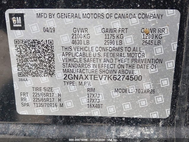 Chevrolet EQUINOX LT 2019 2GNAXTEV7K6274500 Image 9