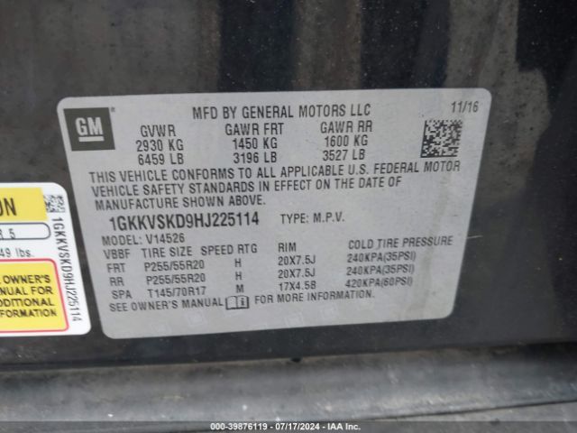 1GKKVSKD9HJ225114 GMC Acadia Limited