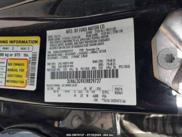 3LN6L2G9XER829727 Lincoln MKZ