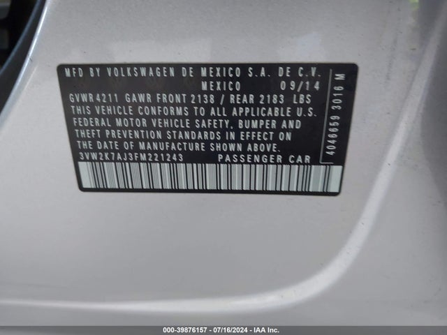 3VW2K7AJ3FM221243 Volkswagen Jetta 2.0l S