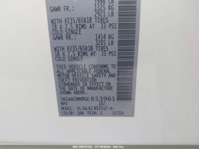 5N1AR2MN9GC653961 Nissan Pathfinder Platinum/s/sl/sv