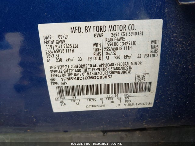 Ford EXPLORER XLT 2021 1FMSK8DHXMGC03052 Image 9