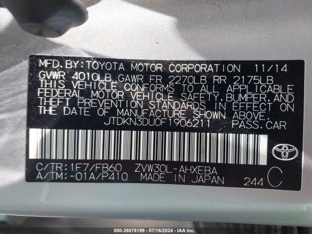 Toyota Prius Two 2015 JTDKN3DU0F1906211 Image 9