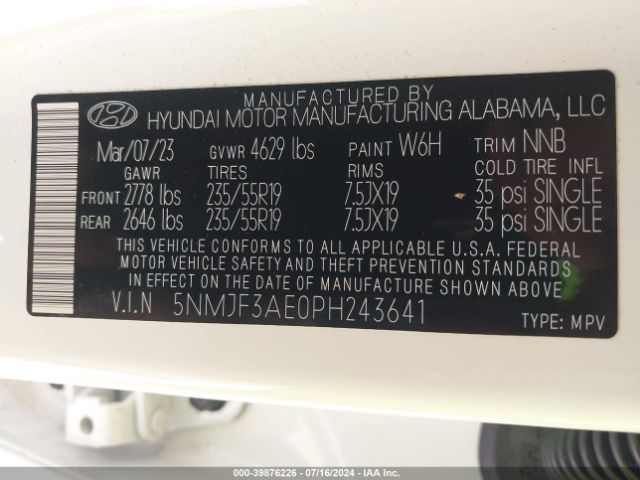 5NMJF3AE0PH243641 Hyundai TUCSON SEL