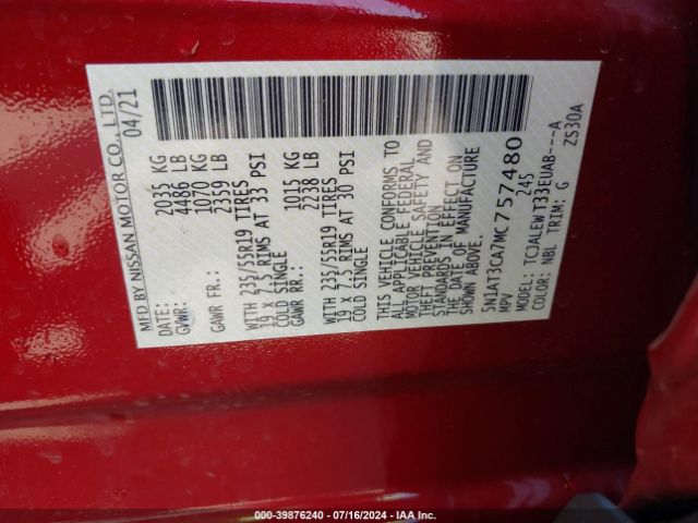 5N1AT3CA7MC757480 Nissan Rogue Sl Fwd