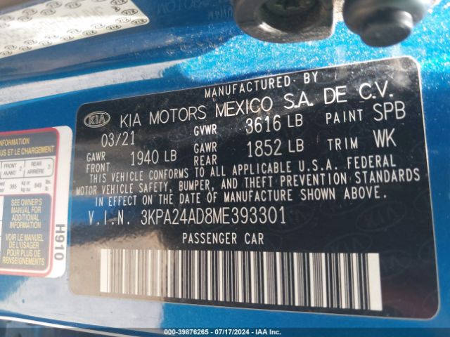 3KPA24AD8ME393301 KIA RIO S