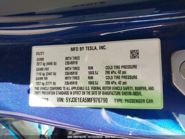 5YJ3E1EA5MF976790 Tesla Model 3 Standard Range Plus Rear-wheel Drive