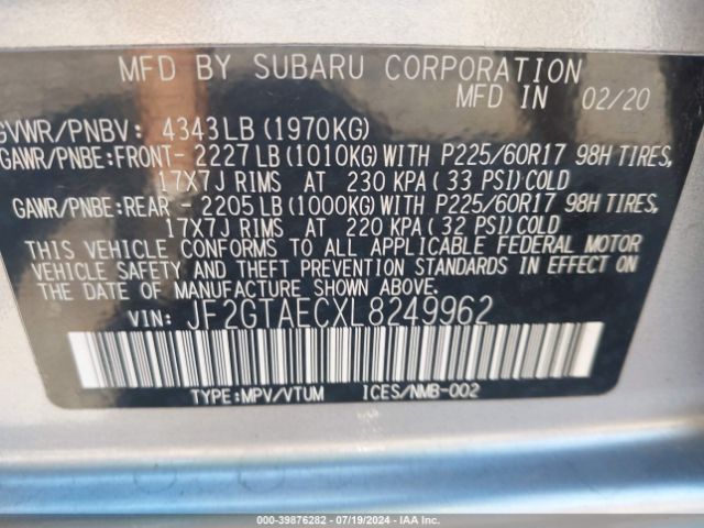 JF2GTAECXL8249962 Subaru Crosstrek Premium