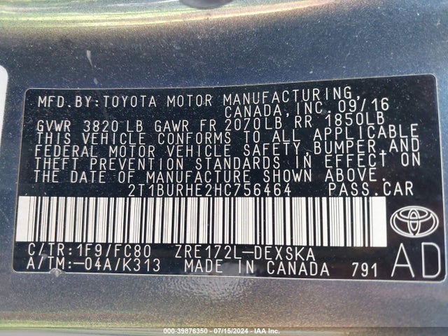 Toyota COROLLA SE 2017 2T1BURHE2HC756464 Image 9
