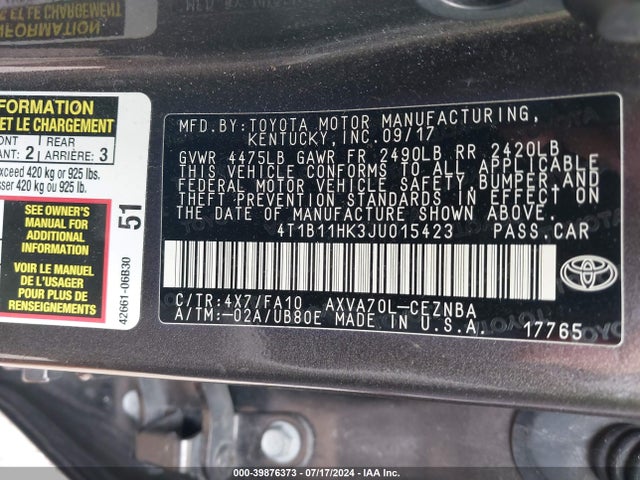 Toyota CAMRY LE 2018 4T1B11HK3JU015423 Image 9