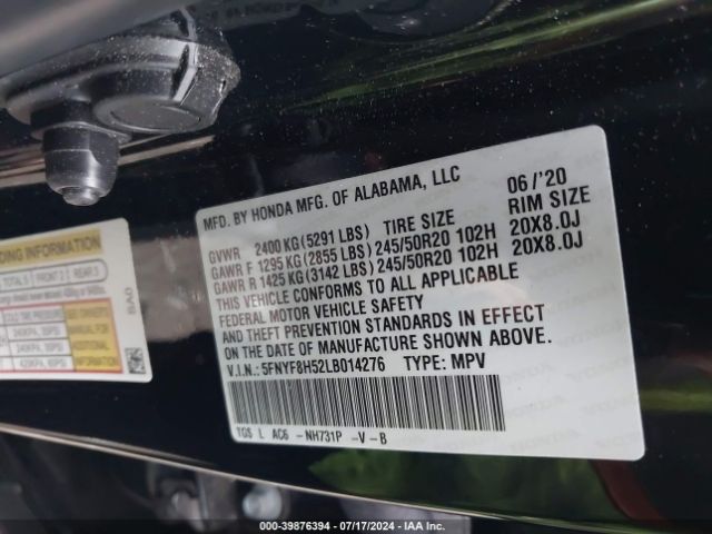 5FNYF8H52LB014276 Honda Passport Awd Ex-l