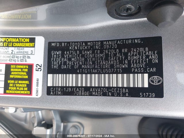 Toyota CAMRY SE 2020 4T1G11AK7LU507715 Image 9