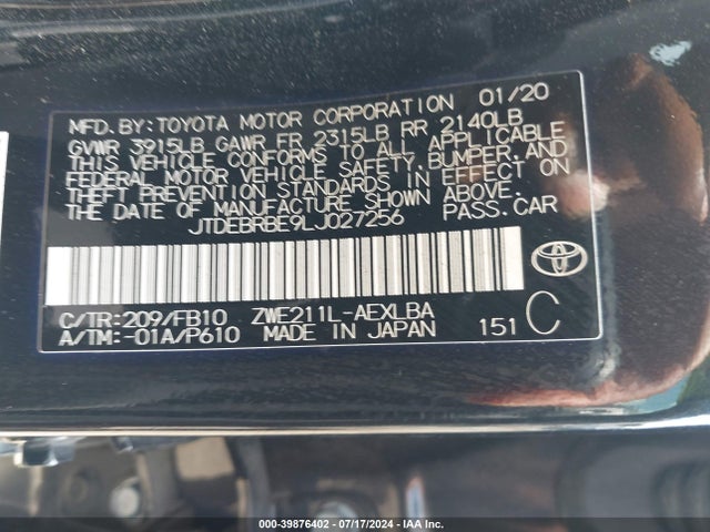 Toyota Corolla Hybrid Le 2020 JTDEBRBE9LJ027256 Image 9