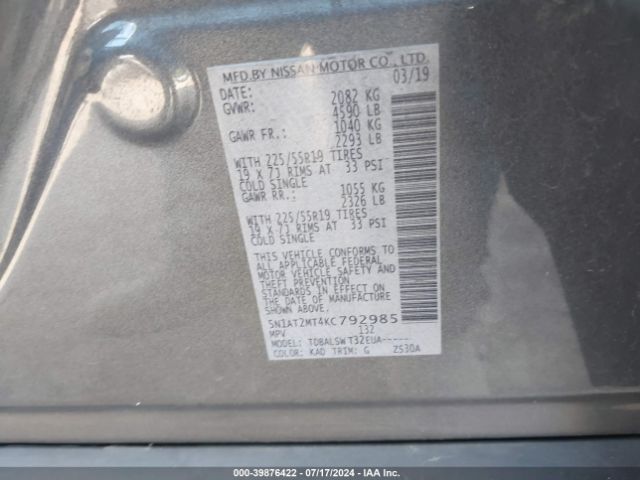 5N1AT2MT4KC792985 Nissan Rogue Sl