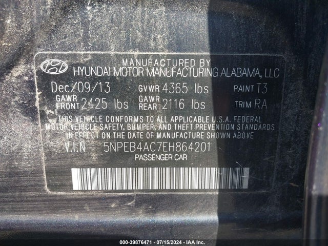 Hyundai SONATA GLS 2014 5NPEB4AC7EH864201 Image 9