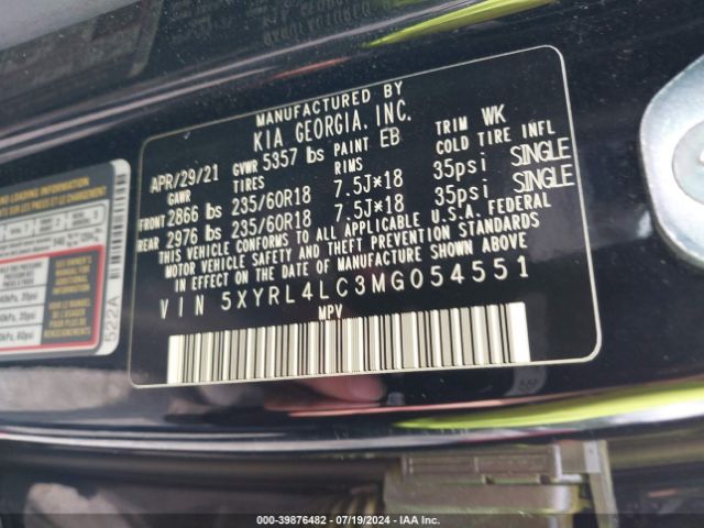 5XYRL4LC3MG054551 KIA SORENTO S