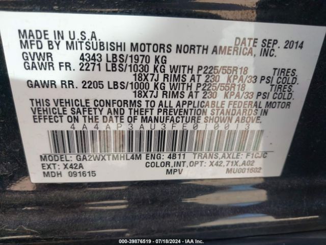 4A4AP3AU3FE010013 Mitsubishi Outlander Sport Es