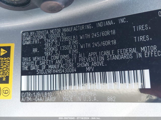 Toyota Highlander Xle 2017 5TDJZRFH4HS430084 Image 9