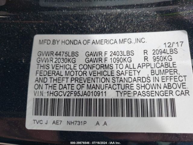 1HGCV2F95JA010911 Honda Accord Touring 2.0t