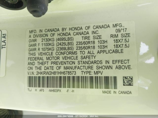 2HKRW2H81HH678573 Honda Cr-v Ex-l/ex-l Navi