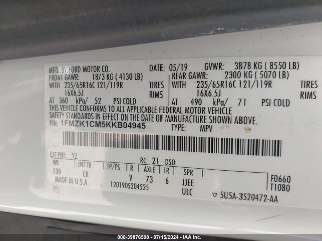1FMZK1CM5KKB04945 Ford Transit-150 Xlt