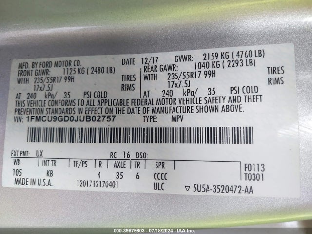 Ford ESCAPE SE 2018 1FMCU9GD0JUB02757 Image 9