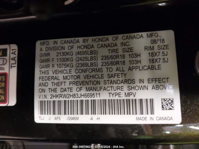 2HKRW2H83JH669511 Honda Cr-v Ex-l/ex-l Navi