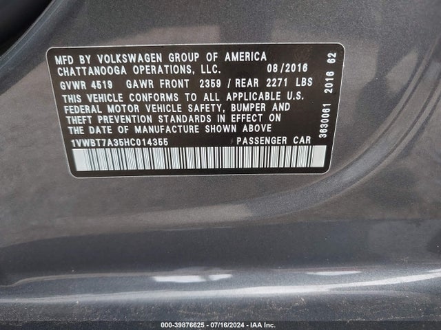 1VWBT7A35HC014355 Volkswagen Passat 1.8t Se