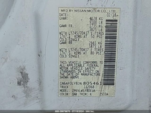 1N6AF0LY8JN805461 Nissan Nv Cargo Nv2500 Hd S V8