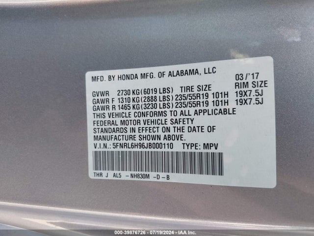 5FNRL6H96JB000110 Honda Odyssey Elite