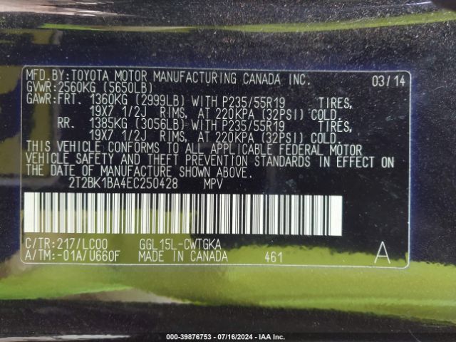 2T2BK1BA4EC250428 Lexus RX 350