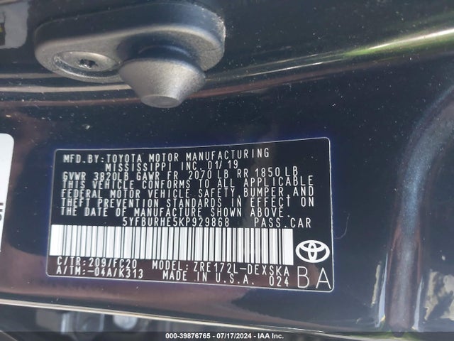 Toyota COROLLA SE 2019 5YFBURHE5KP929868 Image 9