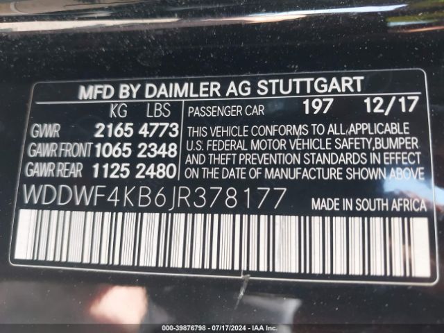 WDDWF4KB6JR378177 Mercedes-Benz C 300 4matic