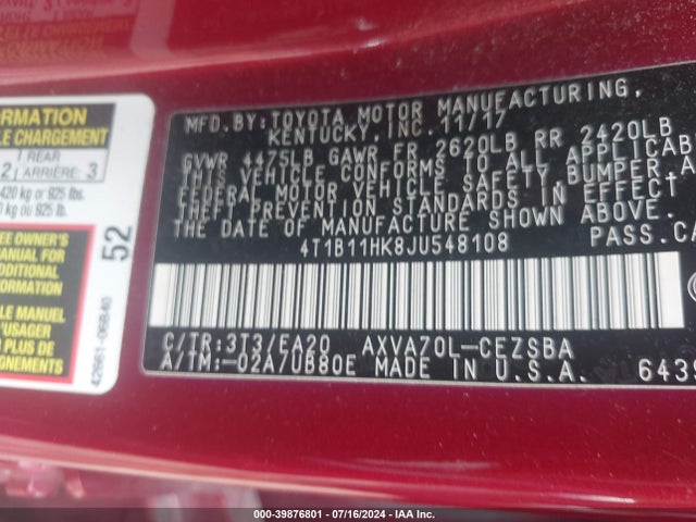 Toyota CAMRY SE 2018 4T1B11HK8JU548108 Image 9