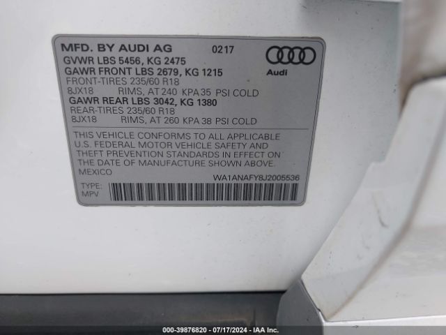 WA1ANAFY8J2005536 Audi Q5 2.0t Premium/2.0t Tech Premium