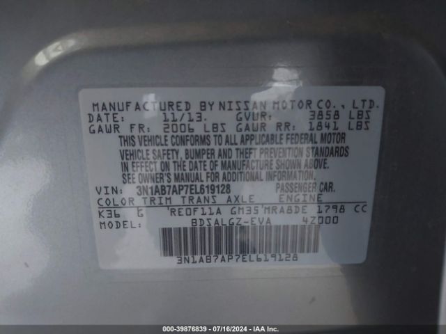 3N1AB7AP7EL619128 Nissan SENTRA SL