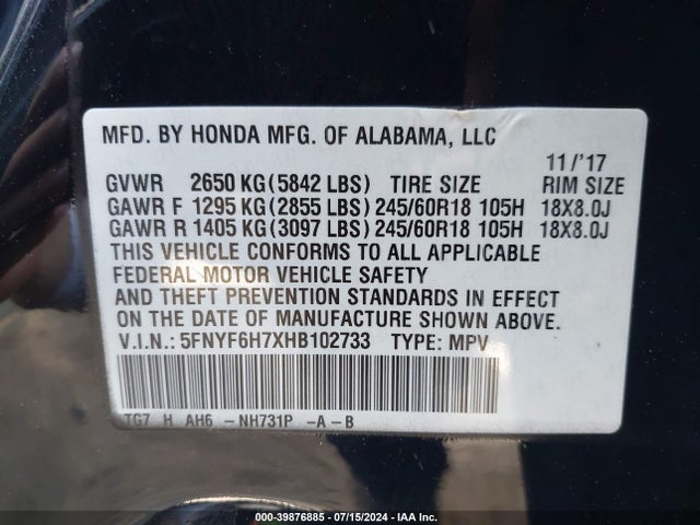 Honda Pilot Ex-l 2017 5FNYF6H7XHB102733 Image 9
