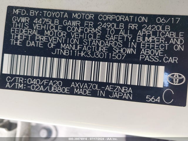 Toyota CAMRY LE 2018 JTNB11HK3J3011507 Image 9