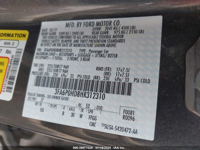 Ford FUSION SE 2017 3FA6P0HD8HR312310 Image 9