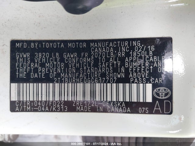 Toyota Corolla S Plus 2016 2T1BURHE0GC617707 Image 9