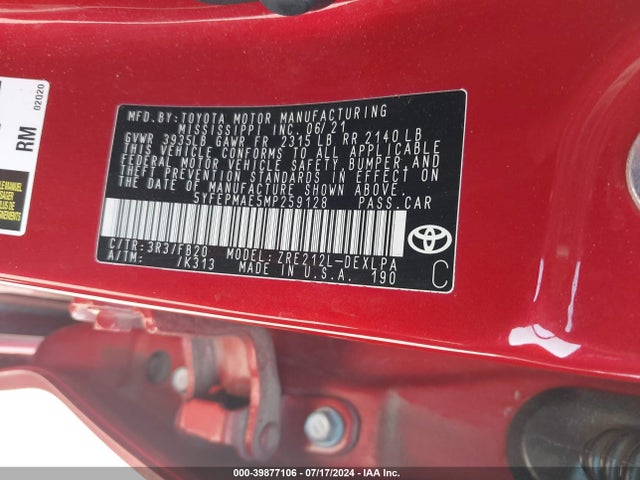 Toyota COROLLA LE 2021 5YFEPMAE5MP259128 Image 9