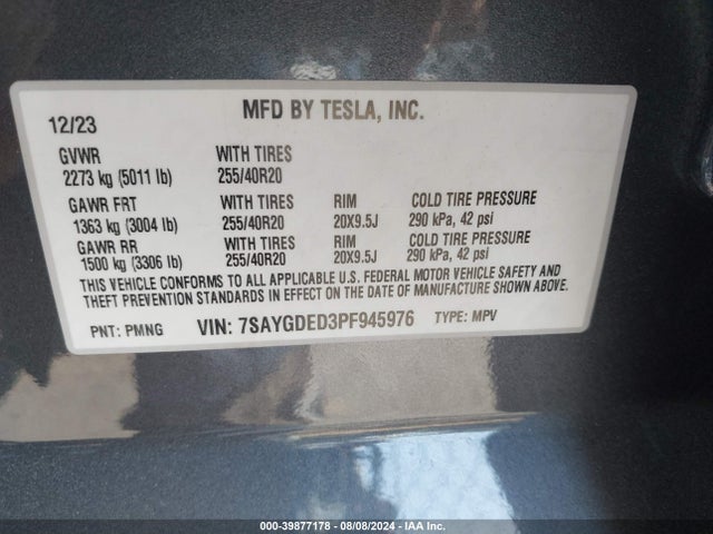 Tesla Model Y Rwd 2023 7SAYGDED3PF945976 Image 9