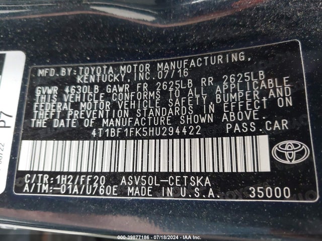 Toyota CAMRY SE 2017 4T1BF1FK5HU294422 Image 9