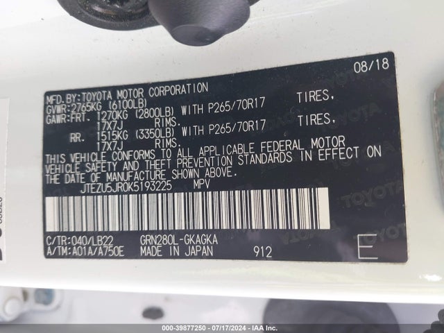 Toyota 4runner Sr5 Premium 2019 JTEZU5JR0K5193225 Image 9