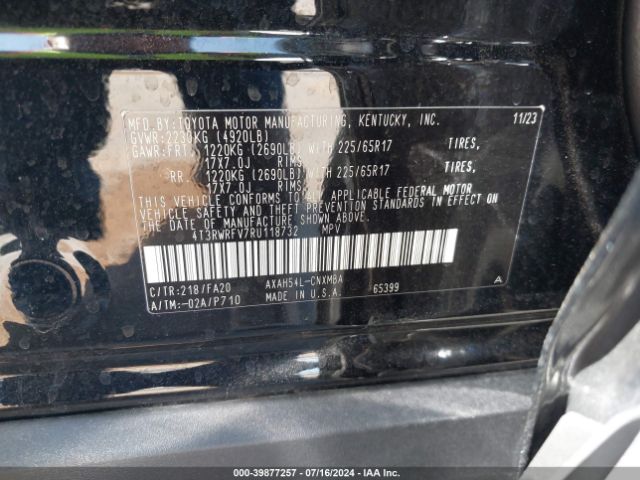 4T3RWRFV7RU118732 Toyota Rav4 Hybrid Xle