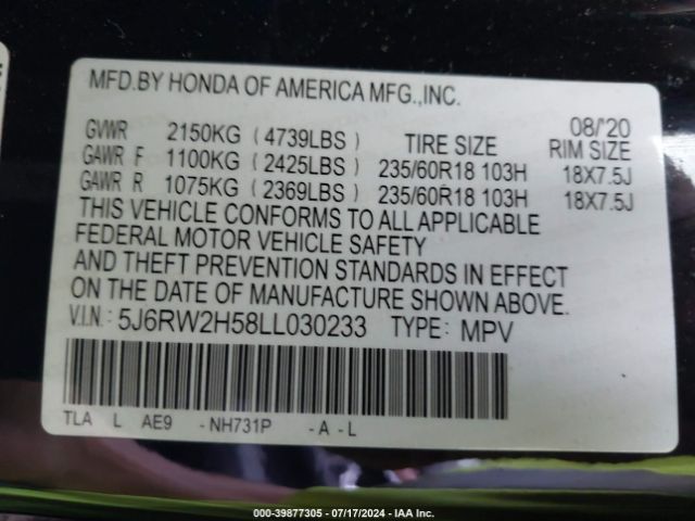 5J6RW2H58LL030233 Honda Cr-v Awd Ex
