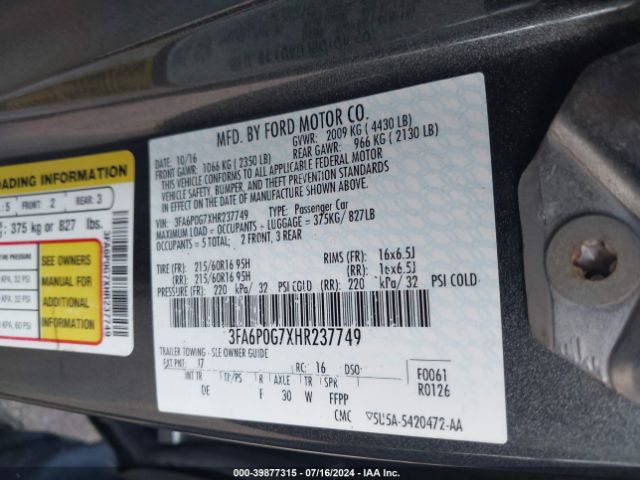 3FA6P0G7XHR237749 Ford FUSION S