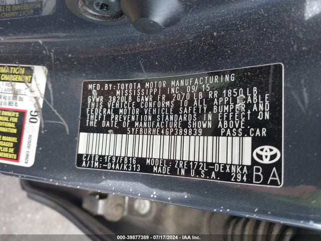 Toyota Corolla Le Plus 2016 5YFBURHE4GP389839 Image 9